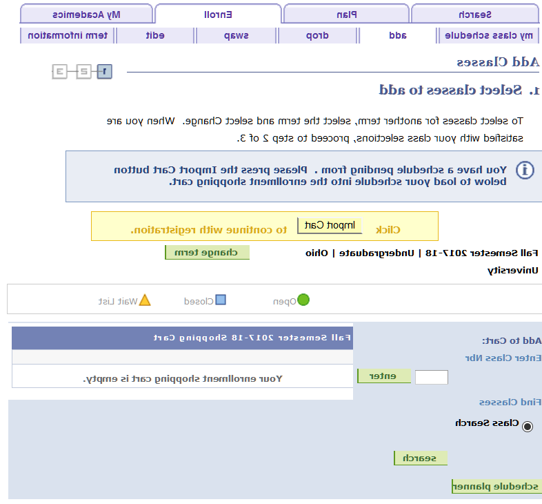 Image of Add Classes Screen in Student Center