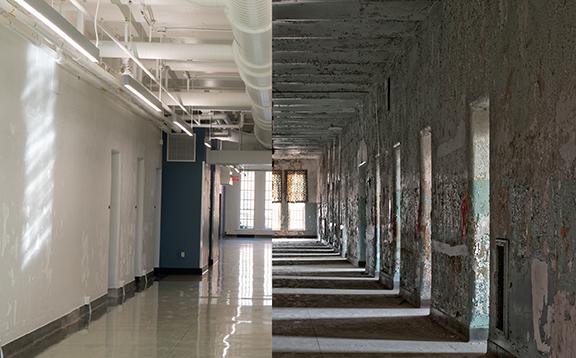 A side-by-side of before and after renovations inside a building at The Ridges